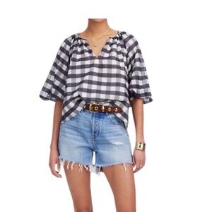 Madewell Bubble-Sleeve Top black white plaid, Size 6, EUC